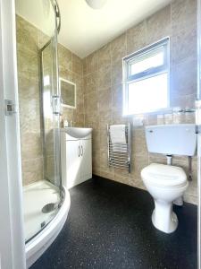 a bathroom with a toilet and a sink and a shower at Modern Airy Chalets short walk to beach, Nr Norfolk Broads & Great Yarmouth in Scratby