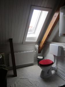 een badkamer met een rood toilet en een dakraam bij Dachgeschosswohnung mit Gartennutzung im Luftkurort Tengen in Tengen