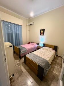 ein Zimmer mit zwei Betten und einem Fenster in der Unterkunft Cozy & Bright Home - 50m from metro station Άg Antonios in Athen