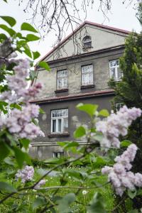 29 Avenue Apartments في كراكوف: منزل قديم وبه نوافذ بيضاء وورود وردية