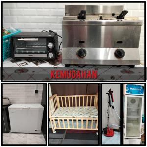 een collage van vier foto's van een keuken met een fornuis bij Seri Zahra Homestay in Marang