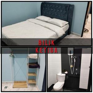 twee foto's van een slaapkamer met een bed en een badkamer bij Seri Zahra Homestay in Marang