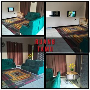 een woonkamer met groene meubels en een tapijt bij Seri Zahra Homestay in Marang