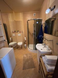 a bathroom with a shower and a toilet and a sink at Apartament Róża in Giżycko