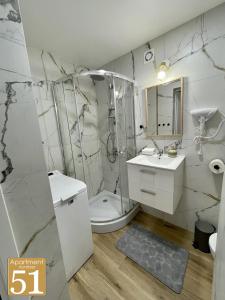 a bathroom with a shower and a sink and a toilet at Piękny przytulny apartament - blisko akwenu wodnego in Radom