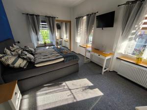 - une chambre avec un lit, un bureau et des fenêtres dans l'établissement B&B Royal Liberty, à Ústí nad Labem