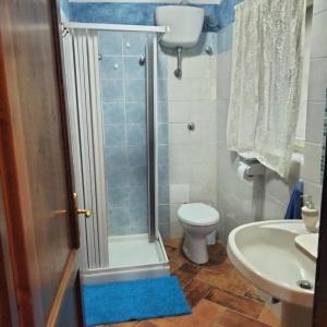e bagno con doccia, servizi igienici e lavandino. di Casa Vacanze Gorropu Tiscali a Dorgali