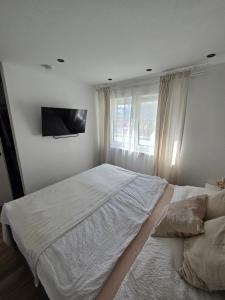 una camera con un grande letto e una TV a parete di Anni a Gröbming