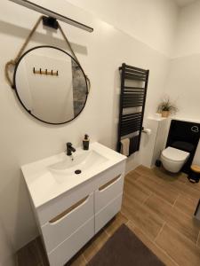 een badkamer met een witte wastafel en een spiegel bij B&B Royal Liberty in Ústí nad Labem