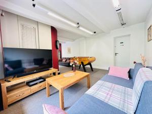 a living room with a couch and a tv at Duplex Laon'Tre-Deux in Laon