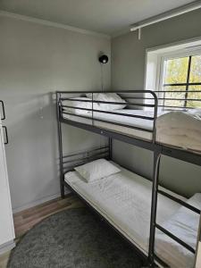 two bunk beds in a room with a window at Ebbas stuga in Färjestaden