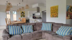 een woonkamer met een bruine bank met blauwe en witte kussens bij La lavandière in Fox-Amphoux