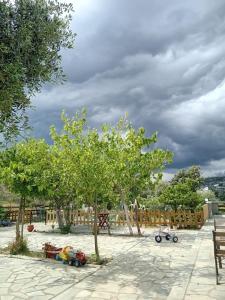Giola aparments and studios 2 في أستريس: مجموعة من الأشجار مع ألعاب للأطفال في الحديقة
