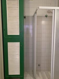 een douche met een groene deur in een badkamer bij La Casa di Mezzo - The Middle House in Monte Marcello