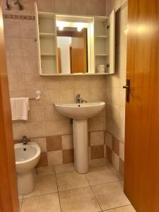 a bathroom with a sink and a toilet and a mirror at Sofis Servizi Rio Grande (CAV) in Principina a Mare