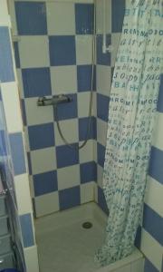 a shower with a shower curtain in a bathroom at T2 au calme avec piscine in Néoules