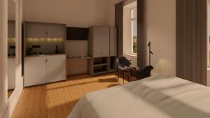 een kamer met een bed, een keuken en een tafel bij Hotel Kredell in Neckargemünd