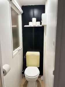 La salle de bains est pourvue de toilettes blanches et d'un mur noir. dans l'établissement Mobil Home 4 / 6 personnes, à Nances