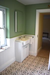 Tobervilla Guest House في كاهيردانيال: حمام مع حوض أبيض وجدران خضراء