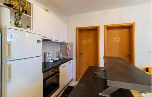 Il comprend une cuisine équipée d'un réfrigérateur blanc et d'un comptoir noir. dans l'établissement Gorgeous Apartment In Supetar With Wifi, à Supetar