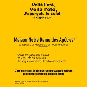 um documento amarelo com as palavras: a dança do anúncio aproxima-se em Maison Notre Dame des Apôtres em Capbreton
