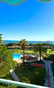 una vista aérea de un complejo con piscina y palmeras en Bellissimo Appartamento Vistamare, en Antibes