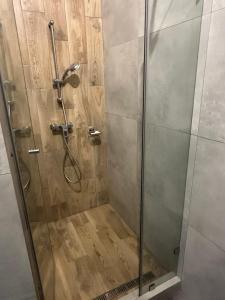 une douche avec une porte en verre et une cabine de douche dans l'établissement Mastersclub, à Ternopil