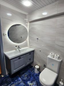 La salle de bains est pourvue de toilettes, d'un lavabo et d'un miroir. dans l'établissement Strandhaus direkt am Meer, à Mezitli