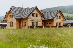 a wooden house with a black roof in a field at Apartmány Velké Karlovice in Vsetín