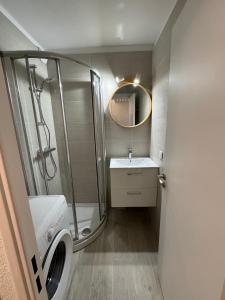 y baño con ducha, lavabo y espejo. en Bellissimo Appartamento Vistamare, en Antibes