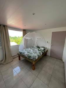 a bed with a canopy in a room with a window at La villa Mathilde in Le Robert