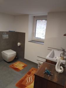 a bathroom with a toilet and a sink at Ferienwohnung In der Kehr in Briedel