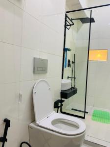 a bathroom with a toilet with a shower and a sink at The White House by Xplora in Gwarinpa