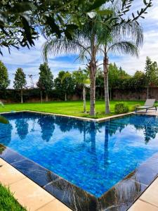 una piscina en un patio con una palmera en Villa Khmissa 5, en Marrakech
