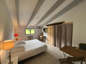 1 dormitorio con cama, mesa y escritorio en Auberge du col saint Georges, en Grosseto-Prugna