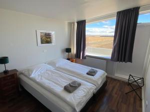 ein Schlafzimmer mit einem Bett und einem großen Fenster in der Unterkunft The Hvítá Inn in Bær