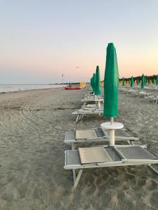 Ca Tiepolo的住宿－La zia Acida，海滩上一排带遮阳伞的躺椅