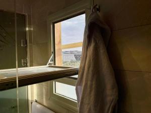 開羅的住宿－Pyramuse INN，挂在带窗户的浴室内的浴帘