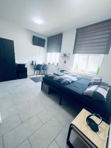 een slaapkamer met een groot bed en een tafel bij Traumhaftes 1-Zi Apartment mit Gartennutzung Nähe Krefeld HBF in Krefeld