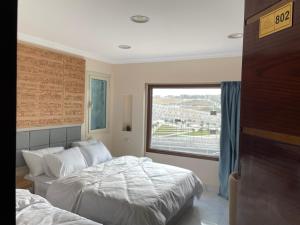 開羅的住宿－Pyramuse INN，一间卧室设有两张床和大窗户