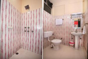 two pictures of a bathroom with a toilet and a sink at Hotel Parkash Inn in Jalandhar