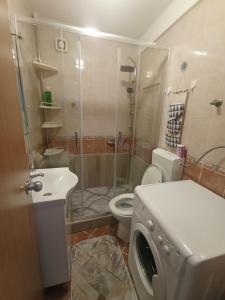 y baño con lavadora y aseo. en Apartman Dragon Kg en Kragujevac