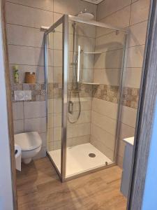 a shower stall in a bathroom with a toilet at Au Fil De L'Aure in Monfréville +16 photos