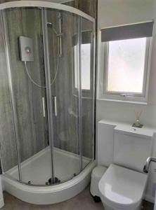 a bathroom with a shower and a toilet and a window at California Sands - 2 x Modern Two Double Bedroom Chalets - short stroll to the beach - nr Great Yarmouth & Norfolk Broads in Scratby