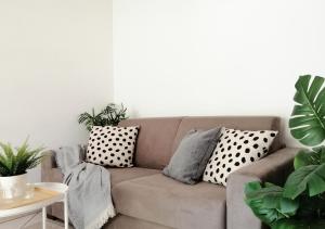 un soggiorno con divano, cuscini e piante di HoliHome_Colombo - Open Space, 100m dal mare! a Tortoreto