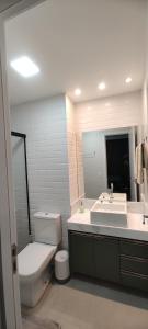 La salle de bains est pourvue d'un lavabo, de toilettes et d'un miroir. dans l'établissement 2403 apartamento Setor Oeste gyn, à Goiânia