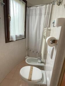 La petite salle de bains est pourvue de toilettes et d'un lavabo. dans l'établissement Agriturismo La Lupa, à Madonna della Provvidenza