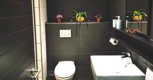 uma casa de banho com WC, lavatório e plantas em Modern apartment with balcony em Cidade do Cabo