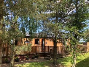 een houten huis met een hek en bomen bij Oakwood Lodge in Morpeth +8 foto's