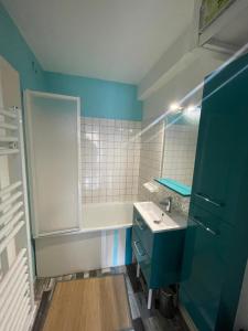 un bagno blu con un lavandino e uno specchio di Appartement confortable labellisé saint lary a Vignec